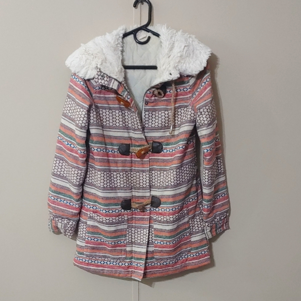Roxy Chestnut Way Duffle Coat Aztec Hooded Boho Snow Jacket Women's Size M